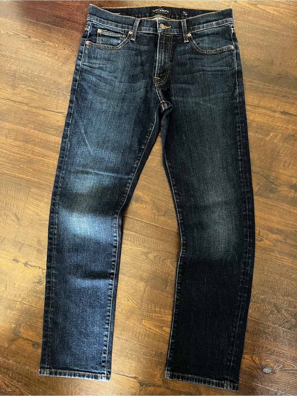 Lucky Brand Men’s Dark Indigo Straight 221 Jeans with Gold Stitching